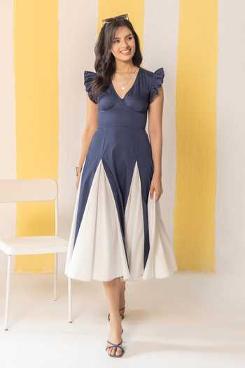Zazu_White Cotton Satin V-neck Colorblock Midi Dress _Online_at_Aza_Fashions