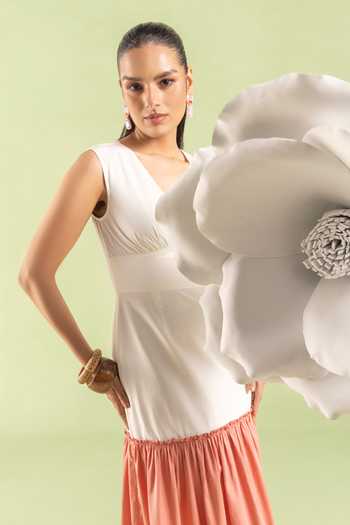 Zazu_Pink Cotton Satin V-neck Rose Colorblock Dress _Online_at_Aza_Fashions