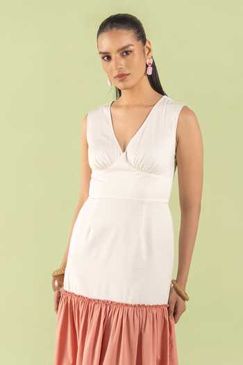 Buy_Zazu_Pink Cotton Satin V-neck Rose Colorblock Dress _Online_at_Aza_Fashions