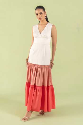 Shop_Zazu_Pink Cotton Satin V-neck Rose Colorblock Dress _Online_at_Aza_Fashions