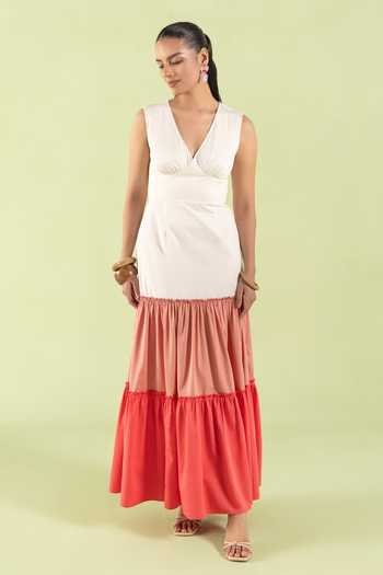 Zazu_Pink Cotton Satin V-neck Rose Colorblock Dress _at_Aza_Fashions