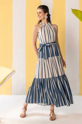 Shop_Zazu_Blue Cotton Satin Halter Neck And Beige Striped Maxi Dress With Belt _Online_at_Aza_Fashions