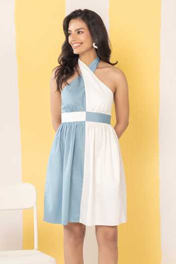 Buy_Zazu_Blue Cotton Satin Halter Neck Color Block Short Dress _Online_at_Aza_Fashions