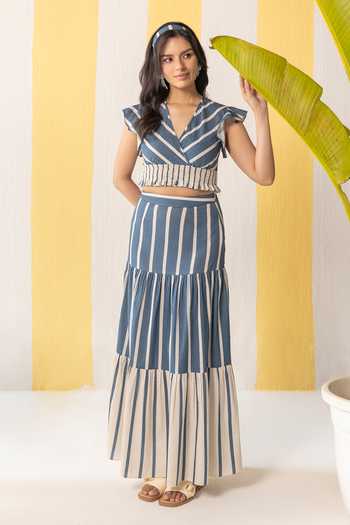 Zazu_Blue Cotton V-neck Striped Top And Skirt Set _Online_at_Aza_Fashions