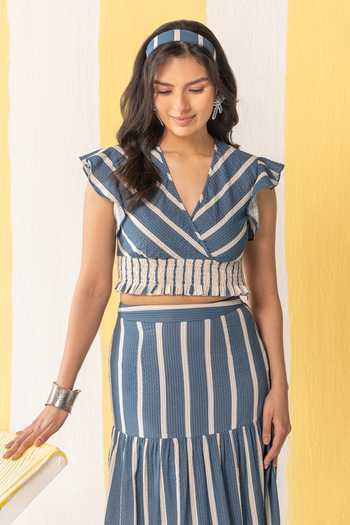Buy_Zazu_Blue Cotton V-neck Striped Top And Skirt Set _Online_at_Aza_Fashions