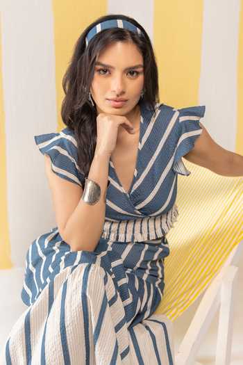 Shop_Zazu_Blue Cotton V-neck Striped Top And Skirt Set _Online_at_Aza_Fashions
