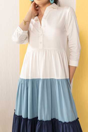 Zazu_Blue Cotton Satin Collared Tiered Maxi Dress _Online_at_Aza_Fashions