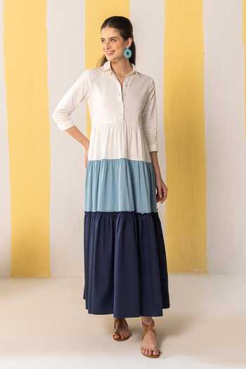 Buy_Zazu_Blue Cotton Satin Collared Tiered Maxi Dress _Online_at_Aza_Fashions