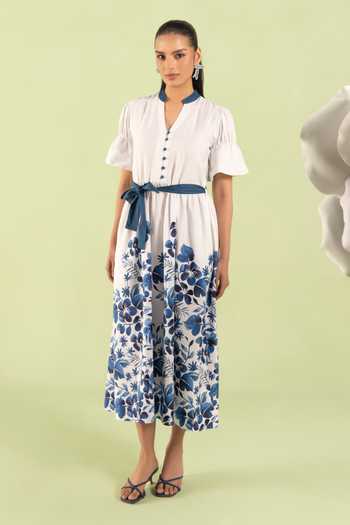 Zazu Blue Floral Midi Dress With Belt 