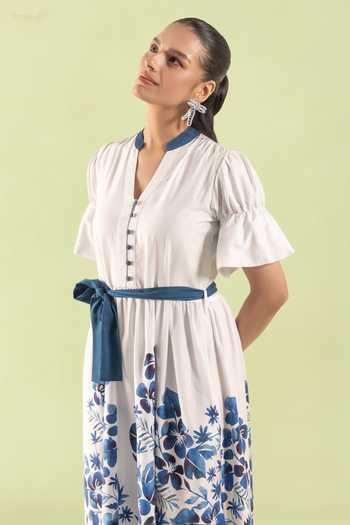 Zazu_Blue Cotton Satin Split V-neck Floral Midi Dress With Belt _Online_at_Aza_Fashions