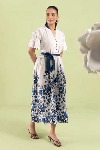 Buy_Zazu_Blue Cotton Satin Split V-neck Floral Midi Dress With Belt _Online_at_Aza_Fashions