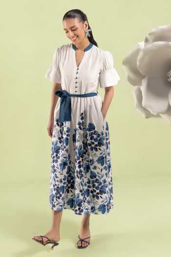 Shop_Zazu_Blue Cotton Satin Split V-neck Floral Midi Dress With Belt _Online_at_Aza_Fashions