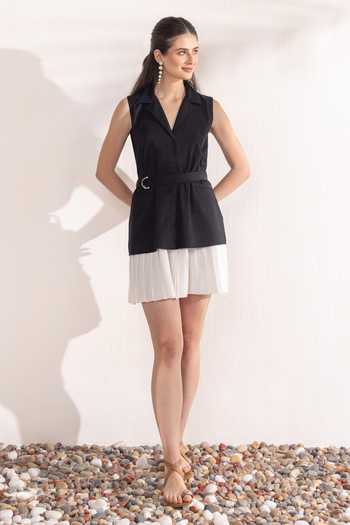 Zazu_Black Cotton Satin Collared Contrast Hem Short Dress _Online_at_Aza_Fashions