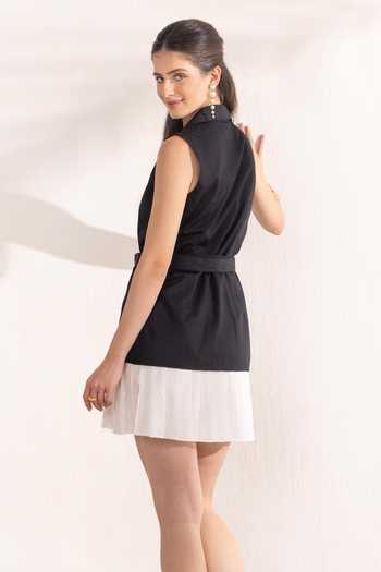 Buy_Zazu_Black Cotton Satin Collared Contrast Hem Short Dress _Online_at_Aza_Fashions