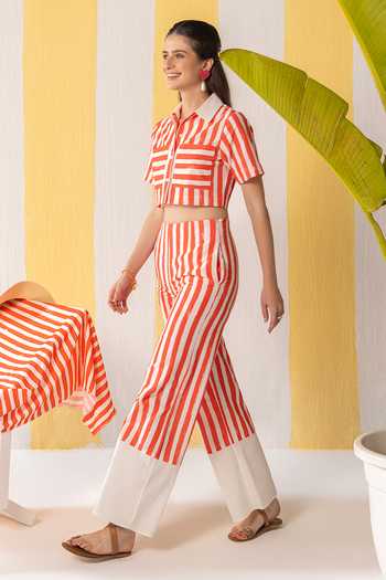 Zazu_White Cotton Collared Striped Pattern Cropped Shirt And Pant Set _at_Aza_Fashions