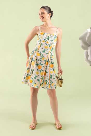 Zazu_Green Cotton Satin Square Neck Lemon Grove Short Dress _Online_at_Aza_Fashions