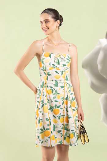 Buy_Zazu_Green Cotton Satin Square Neck Lemon Grove Short Dress _Online_at_Aza_Fashions