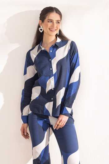 Shop_Zazu_Blue Cotton Collared Navy Geometric Print Shirt And Trouser Set _Online_at_Aza_Fashions
