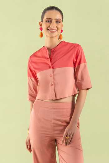 Buy_Zazu_Pink Cotton Satin Mandarin Collar Rose Color Block Top And Trouser Set _Online_at_Aza_Fashions