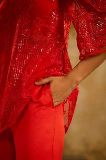 Shop_Zazu_Red Satin, Net, Polyester Asymmetric, One Embroidered Top And Trouser Set _Online_at_Aza_Fashions