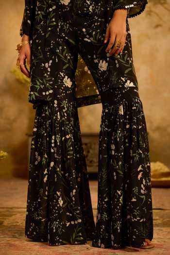 Buy_Zazu_Black Georgette, Rayon, Polyester Open Neck, Floral Print Jacket Sharara Set _Online_at_Aza_Fashions