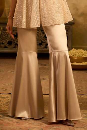 Zazu_Beige Organza, Satin Mandarin Collar Embroidered Peplum Top Trouer Set _Online_at_Aza_Fashions