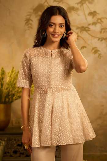 Buy_Zazu_Beige Organza, Satin Mandarin Collar Embroidered Peplum Top Trouer Set _Online_at_Aza_Fashions