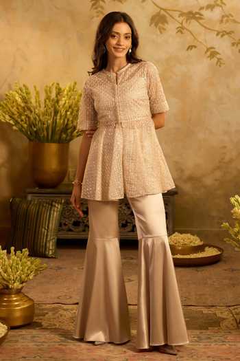 Shop_Zazu_Beige Organza, Satin Mandarin Collar Embroidered Peplum Top Trouer Set _Online_at_Aza_Fashions