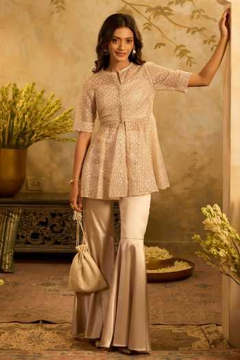 Zazu Embroidered Peplum Top Trouer Set 