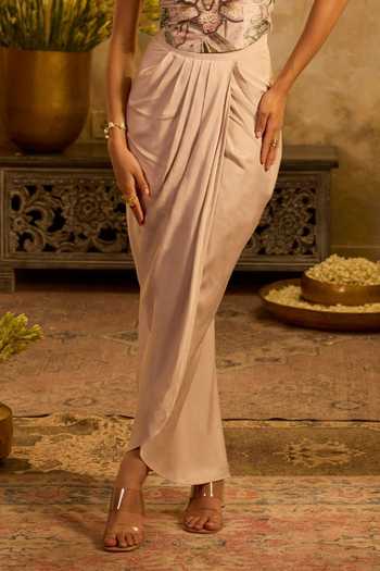 Zazu_Pink Silk, Modal, Satin Embroidery, Sequins Floral Pattern Corset And Skirt Set _Online_at_Aza_Fashions