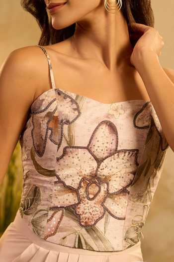 Zazu_Pink Silk, Modal, Satin Embroidery, Sequins Floral Pattern Corset And Skirt Set _at_Aza_Fashions