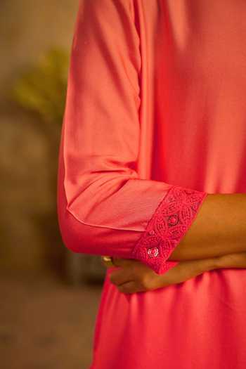 Buy_Zazu_Pink Satin, Modal Split V-neck, Yes Ombre Straight Kurta And Pant Set _Online_at_Aza_Fashions