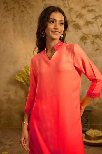 Shop_Zazu_Pink Satin, Modal Split V-neck, Yes Ombre Straight Kurta And Pant Set _Online_at_Aza_Fashions