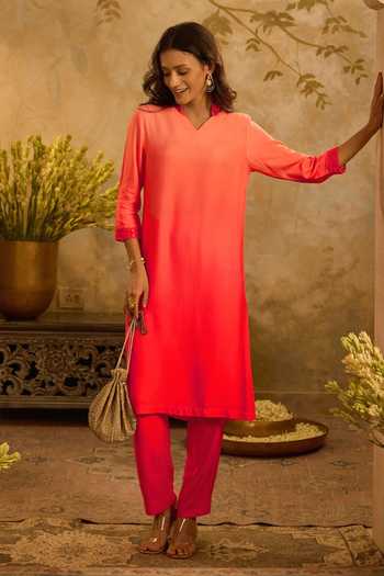 Zazu_Pink Satin, Modal Split V-neck, Yes Ombre Straight Kurta And Pant Set _at_Aza_Fashions