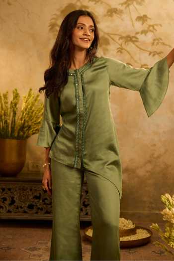 Zazu_Green Satin, Rayon Round Neck Asymmetrical Top And Pant Set _Online_at_Aza_Fashions