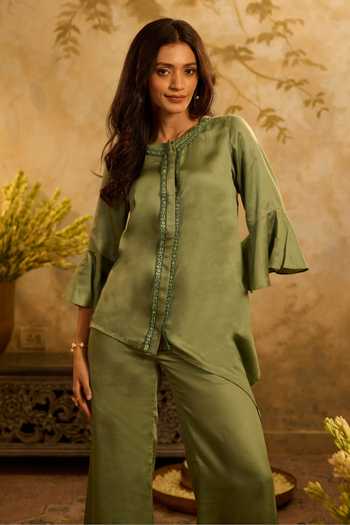Buy_Zazu_Green Satin, Rayon Round Neck Asymmetrical Top And Pant Set _Online_at_Aza_Fashions