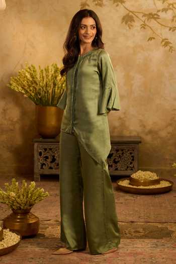 Shop_Zazu_Green Satin, Rayon Round Neck Asymmetrical Top And Pant Set _Online_at_Aza_Fashions