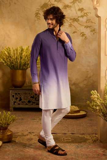 Zazu_White Cotton Satin, Rayon Ombre Kurta And Pant Set _at_Aza_Fashions