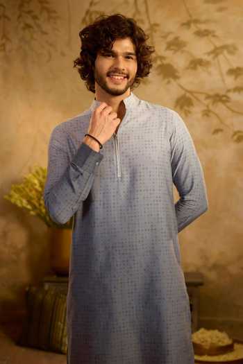 Zazu_Blue Cotton Satin, Lycra Mist Ombre Kurta And Pant Set _Online_at_Aza_Fashions