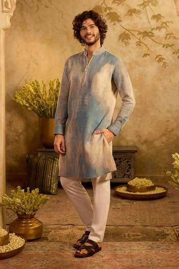 Shop_Zazu_Blue Cotton, Lycra Ombre Kurta And Pant Set _Online_at_Aza_Fashions