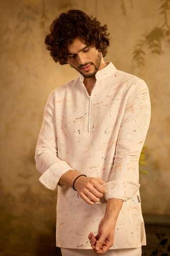 Buy_Zazu_White Cotton, Lycra Marble Kurta And Pant Set _Online_at_Aza_Fashions