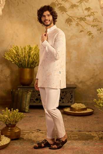 Shop_Zazu_White Cotton, Lycra Marble Kurta And Pant Set _Online_at_Aza_Fashions