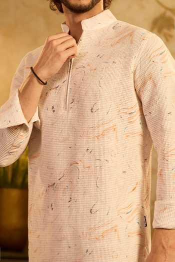 Zazu_White Cotton, Lycra Marble Kurta And Pant Set _at_Aza_Fashions