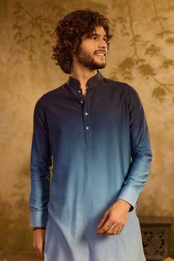 Zazu_Blue , Satin, Satin, Rayon Ombre Kurta And Pant Set _Online_at_Aza_Fashions