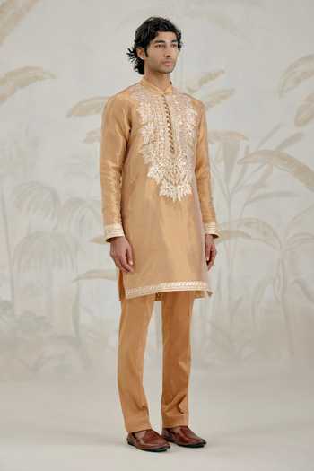 Buy_Shyam Narayan Prasad_Gold Organza, Tissue Embroidery, Gota Patti Kurta And Pant Set _Online_at_Aza_Fashions