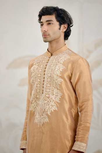 Shop_Shyam Narayan Prasad_Gold Organza, Tissue Embroidery, Gota Patti Kurta And Pant Set 