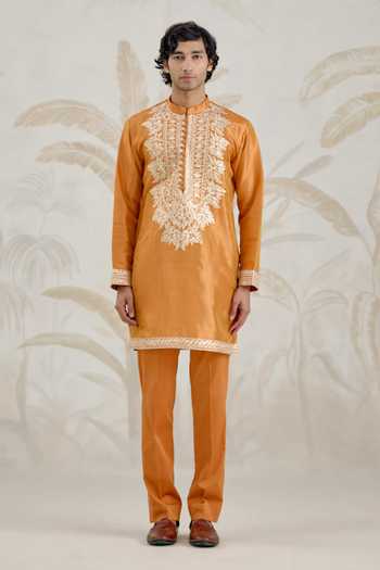 Shyam Narayan Prasad_Orange Organza, Tissue Embroidery, Gota Patti Kurta And Pant Set _Online_at_Aza_Fashions