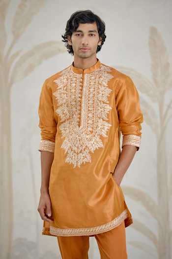 Buy_Shyam Narayan Prasad_Orange Organza, Tissue Embroidery, Gota Patti Kurta And Pant Set _Online_at_Aza_Fashions