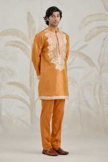 Shop_Shyam Narayan Prasad_Orange Organza, Tissue Embroidery, Gota Patti Kurta And Pant Set _Online_at_Aza_Fashions