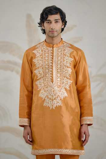 Shyam Narayan Prasad_Orange Organza, Tissue Embroidery, Gota Patti Kurta And Pant Set _at_Aza_Fashions